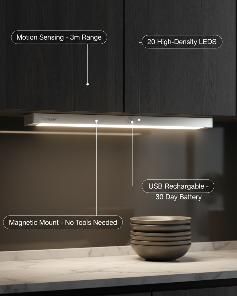 Under-cabinet LED motion sensor strip light with features highlighted on a kitchen counter.