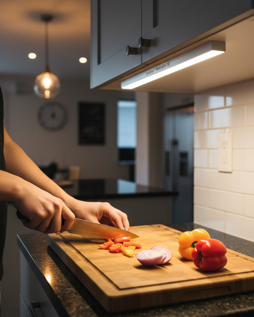 Person cutting vegetables on a wooden cutting board in a kitchen.