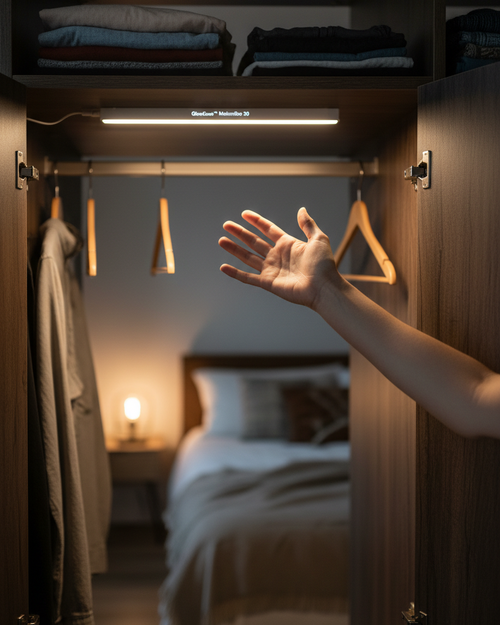Person reaching into a dimly lit wardrobe with a light on, bedroom in the background